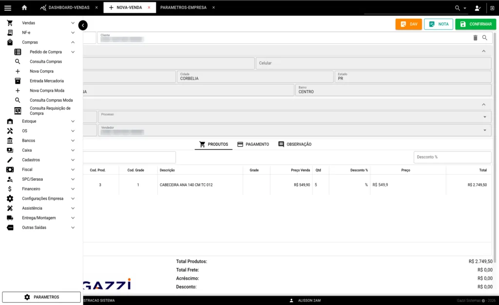 Nova Venda (Menu) - Gazzi Sistemas