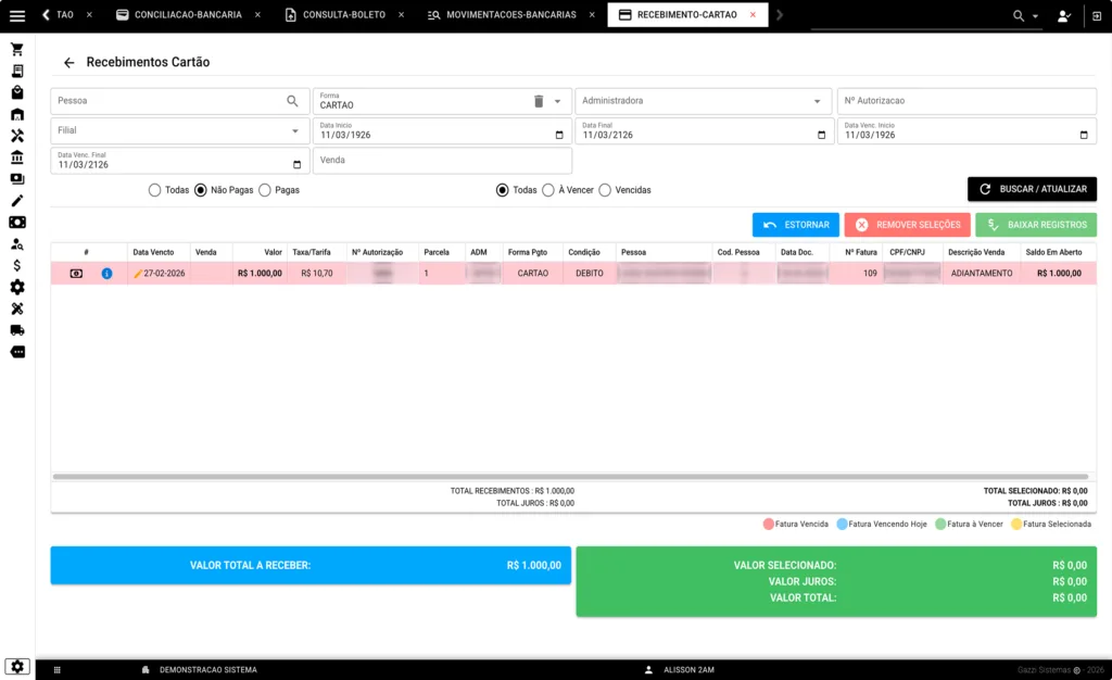 Recebimento Cartão - Gazzi Sistemas